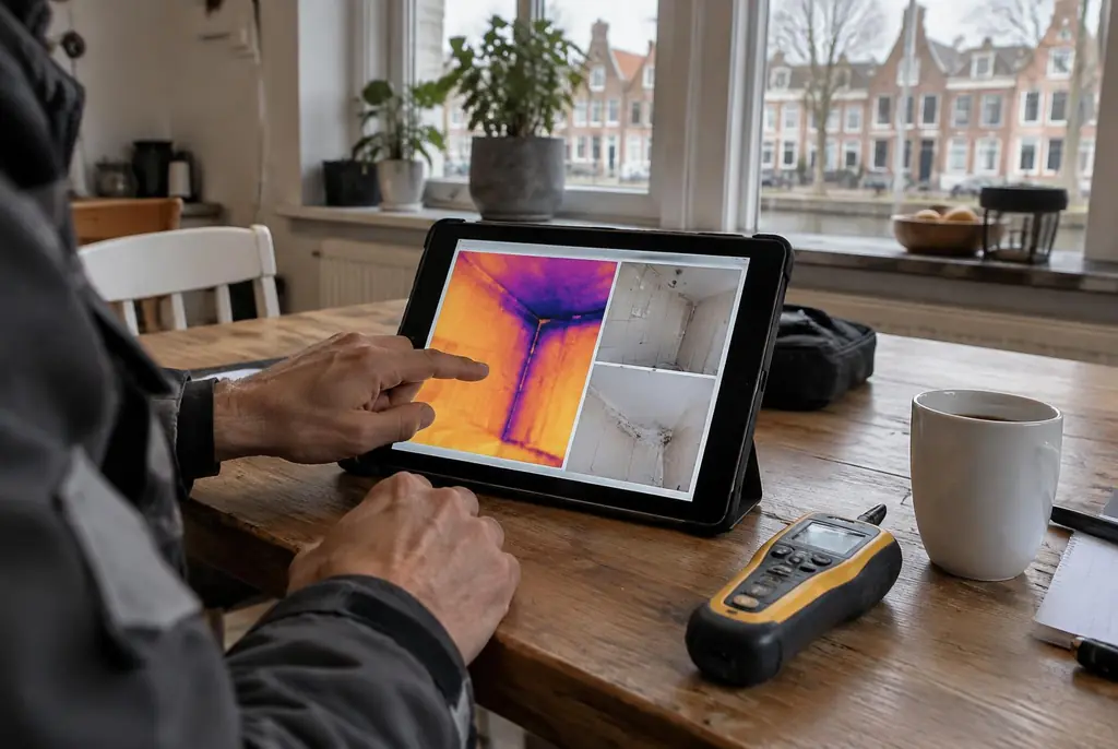 Lekdetectie Lopik – lekdetectierapport met warmtebeelden en foto's op een tablet