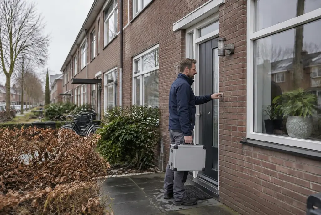 Lekdetectiespecialist met meetkoffer bij de voordeur van een woning in Lopik
